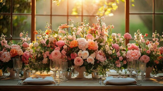 Goldenhour floral arrangement on elegant dining table with soft sunlight