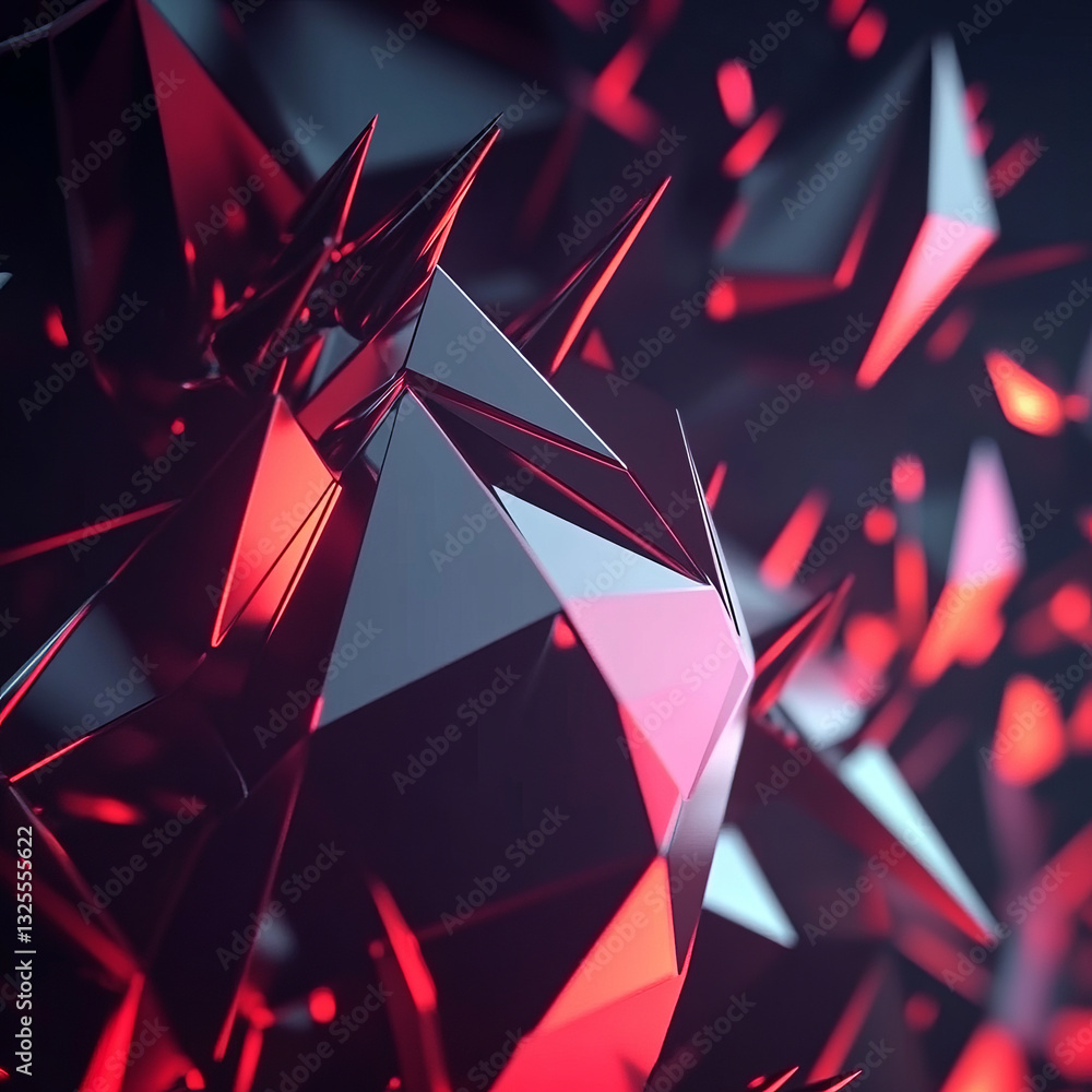Poster dark geometric forms with red accents in a futuristic abstract composition