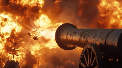 A cannon fires explosively against a backdrop of flames, capturing a moment of historical warfare and intensity.