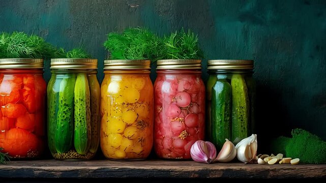 Vibrant jars of pickled vegetables on rustic wooden shelf with fresh herbs