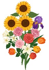 Naklejka premium Elegant Bouquet of Sunflowers, Roses, Lilies and Tulips on White