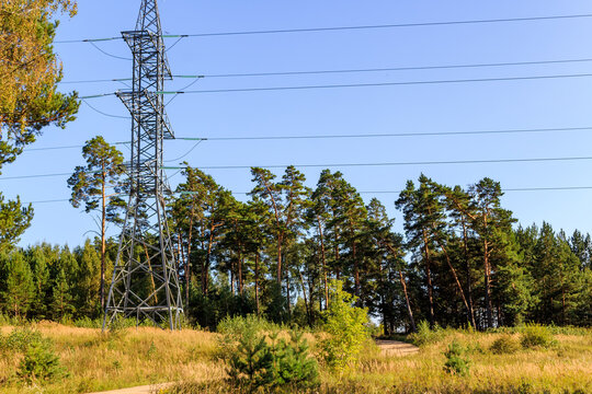 Metal support of high-voltage power line in the countryside