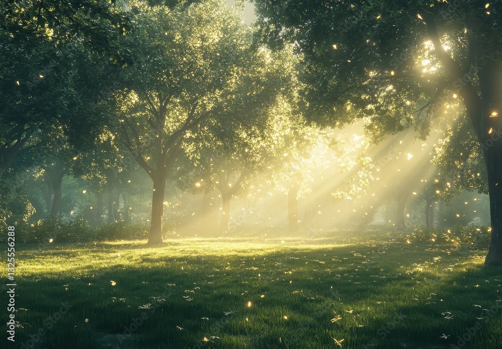 Poster sunlight filtering through trees in a serene forest scene with sparkling dust and lush greenery capt