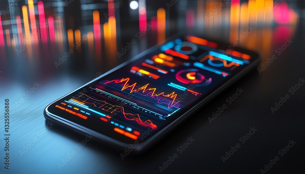 Leinwandbilder Smartphone displaying 3D financial charts and graphs on a sleek gradient black background