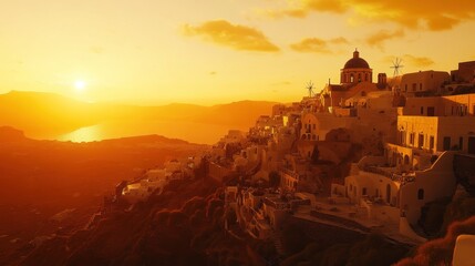 Santorini sunset view of traditional village
