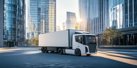Semi truck on city road with buildings background during sunny daytime