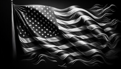 A black and white American flag waving on a black background. Flag of USA. american flag isolated on black background