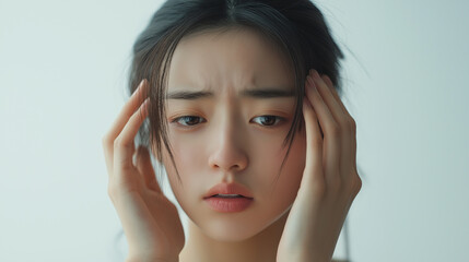 困って頭を抱えている女性