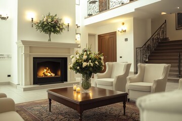 Elegant living room with fireplace, flowers, and seating area.