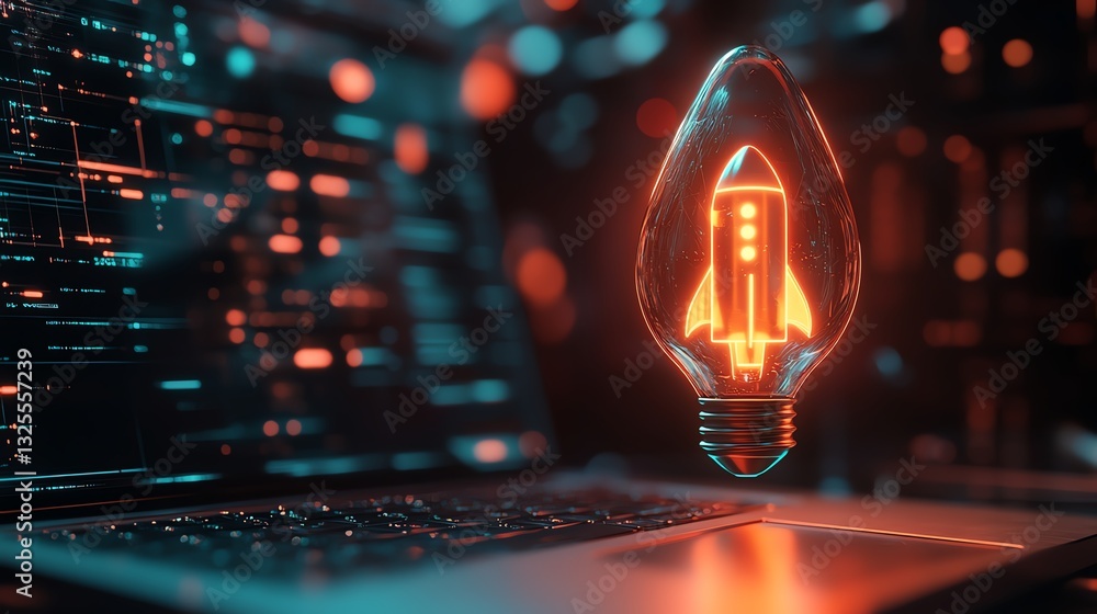 Poster 3d neon lightbulb with rocket inside hovering over a laptop