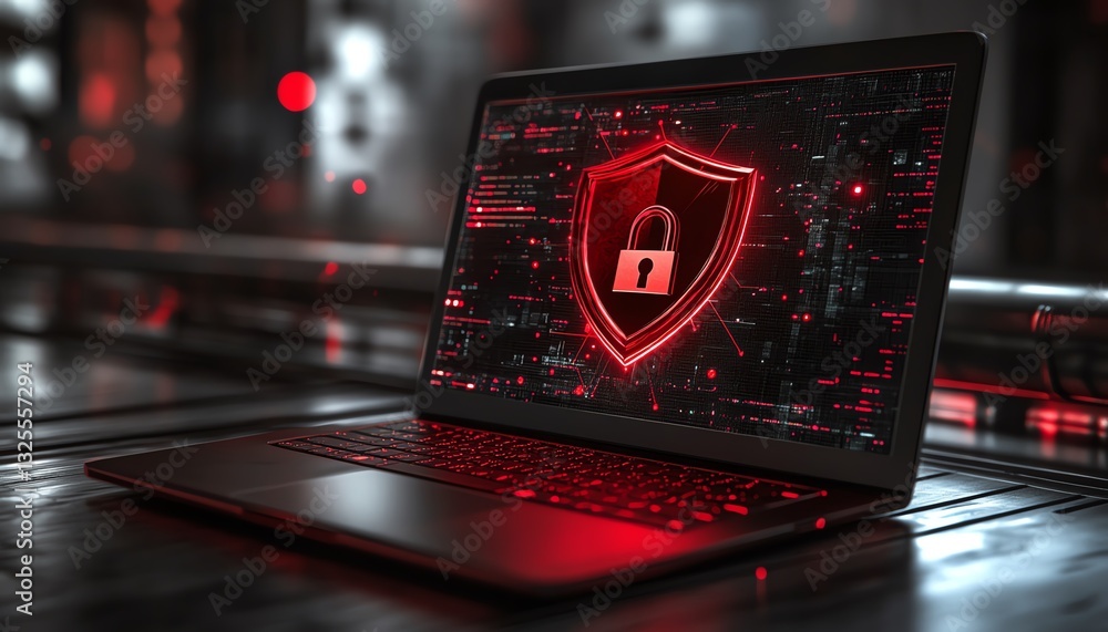 Poster 3D rendering of a laptop with a red shield and an open padlock displayed on the screen