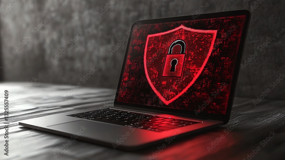 Leinwandbilder 3d rendering of a laptop with red shield and open padlock on the screen, resting on wooden surface, 