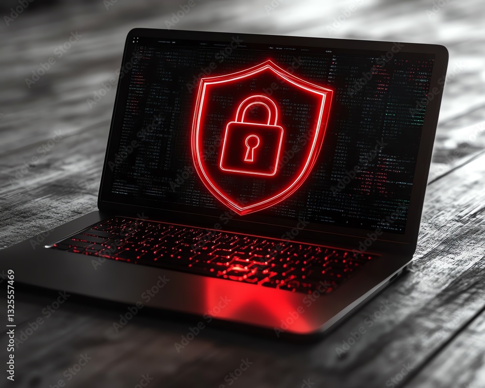 Poster 3D rendering of a laptop with red shield featuring an open padlock displayed on screen