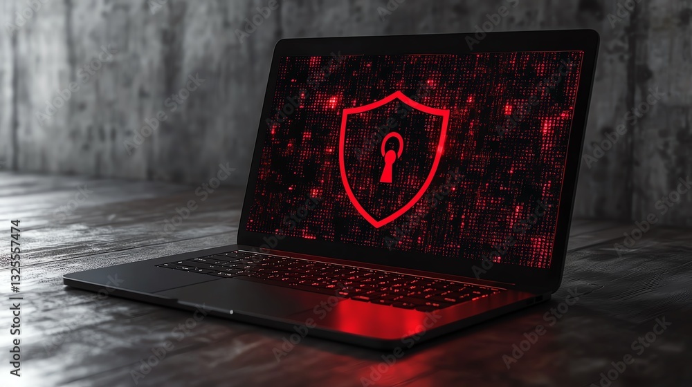 Leinwandbilder 3d rendering of a laptop with red shield and open padlock on the screen, resting on wooden surface, 