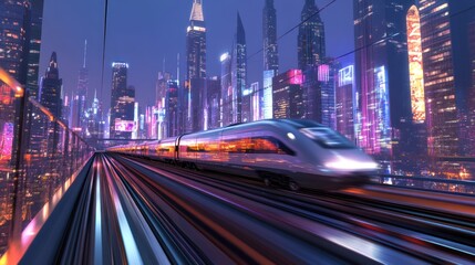 Futuristic city view at night with high-speed train, glowing lights, and impressive skyscrapers