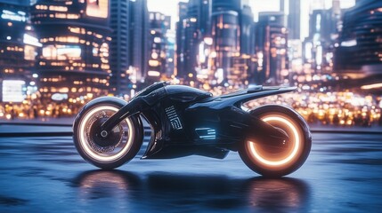 Futuristic motorcycle glows in neon city lights reflecting off wet pavement