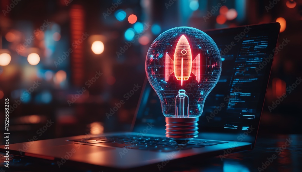 Poster dynamic neon lightbulb with rocket inside displayed on laptop in a dark techinspired scene
