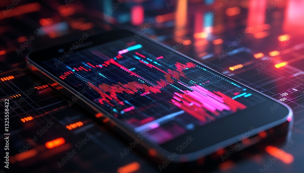 Poster hightech smartphone with 3d financial charts and graphs on the screen, dark gradient black backgroun