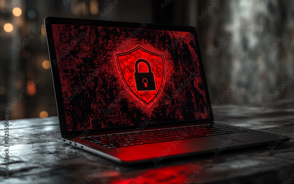 Poster laptop displaying red shield with open padlock on screen, resting on wooden surface, gray background