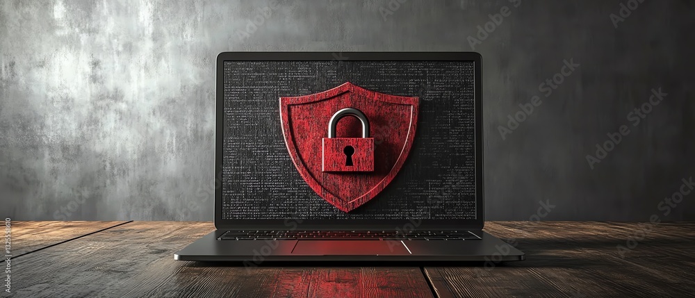 Poster laptop on wooden surface with red shield and open padlock on screen, gray background, symbolizing cy