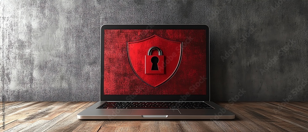 Poster laptop on wooden surface with red shield and open padlock on screen, gray background, symbolizing cy