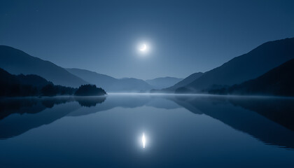 Fototapeta premium New Crescent Moon Over Mountain Lake at Night for Suhoor, Ramadan, and Spiritual Designs