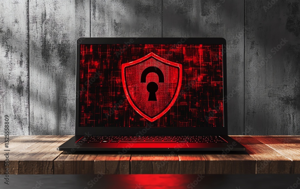 Fototapete laptop with red shield featuring an open padlock displayed on the screen