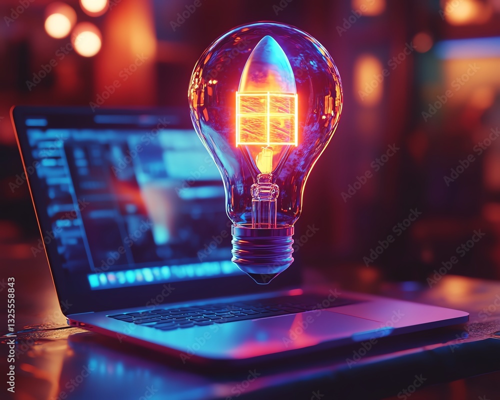 Aufkleber Neon glowing lightbulb with rocket inside floating above a laptop in a dark futuristic workspace