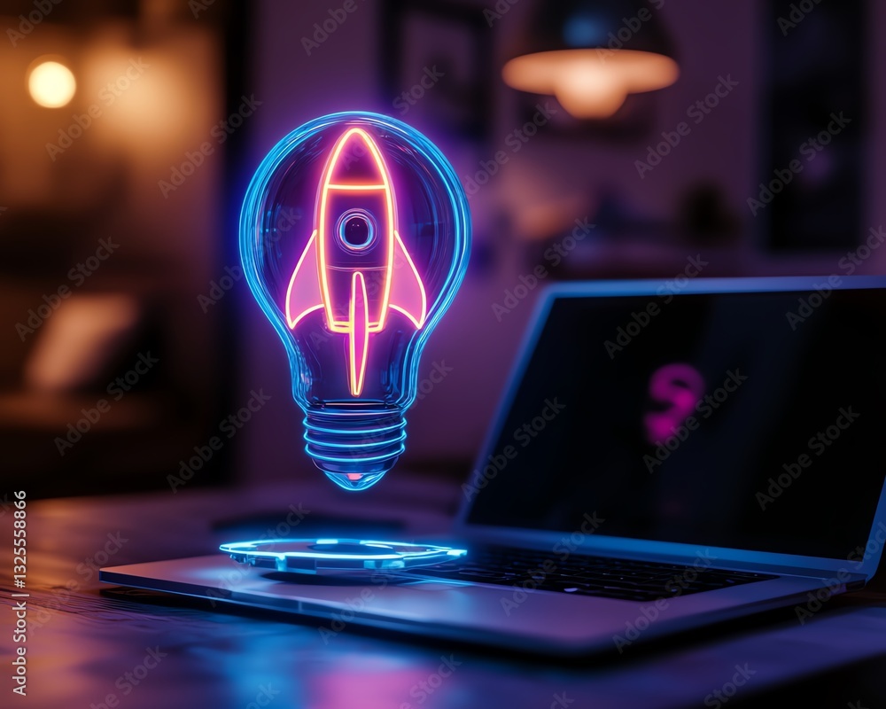 Aufkleber Neon glowing lightbulb with rocket inside floating above a laptop in a dark futuristic workspace