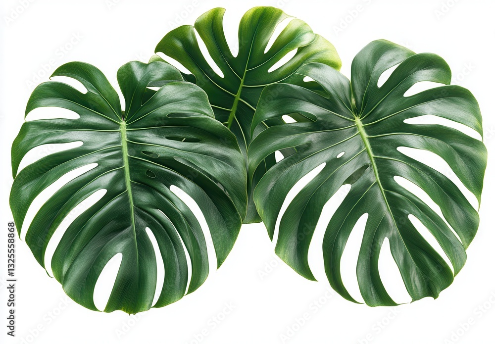 Poster three monstera leaves displaying lush green color and unique split shapes against a white background