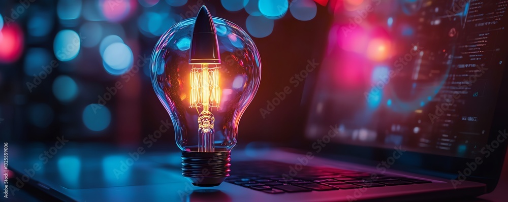 Poster neon glowing lightbulb with rocket inside on top of a laptop
