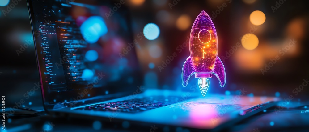 Poster neon lightbulb with rocket inside over a laptop