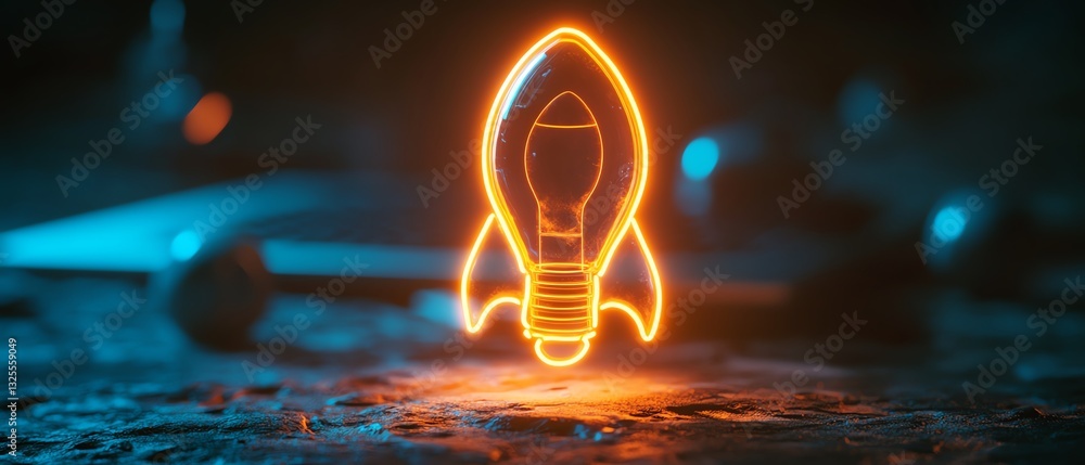 Poster neon lightbulb with rocket inside over a laptop