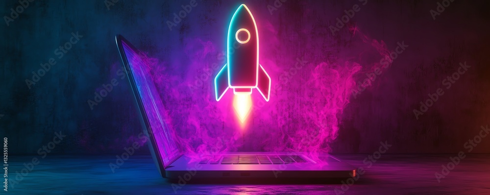 Aufkleber neon glowing lightbulb with rocket inside above a sleek laptop in a dark minimalist environment