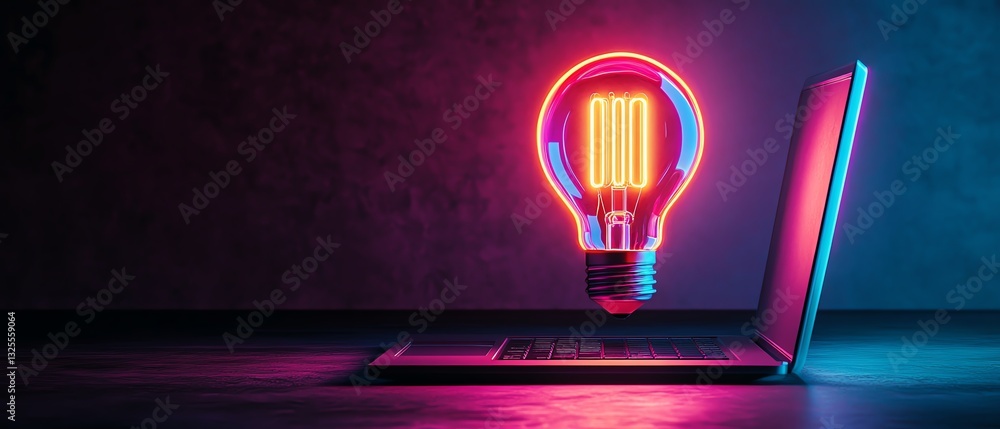 Poster neon lightbulb with rocket inside over a laptop