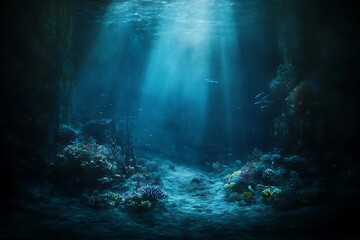 Obraz premium Underwater scene. Light rays penetrate ocean depths, illuminating coral, for background or illustration