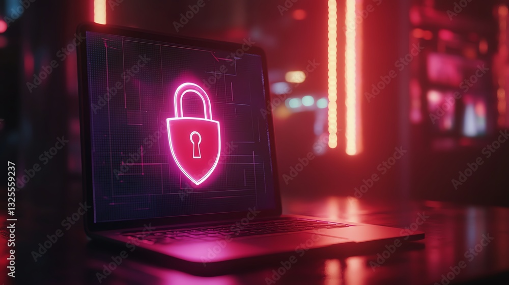 Poster 3D rendering of open padlock on shield displayed on laptop screen, representing cybersecurity and online safety, digital protection, encryption technology, modern digital security