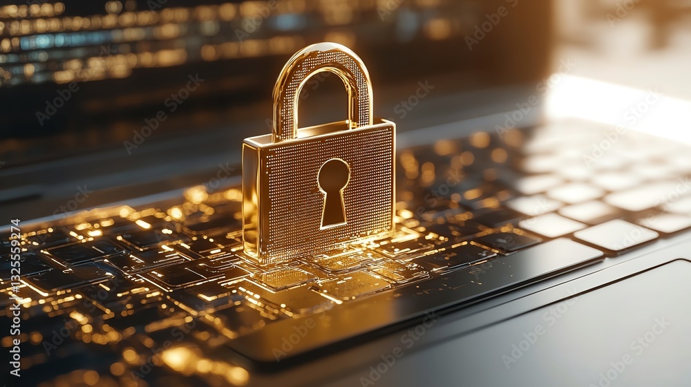 Poster 3D rendering of open padlock on shield displayed on laptop screen, representing cybersecurity and online safety, digital protection, encryption technology, modern digital security