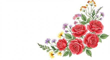 Vibrant Red Roses Watercolor Floral Corner Design. AI Generated