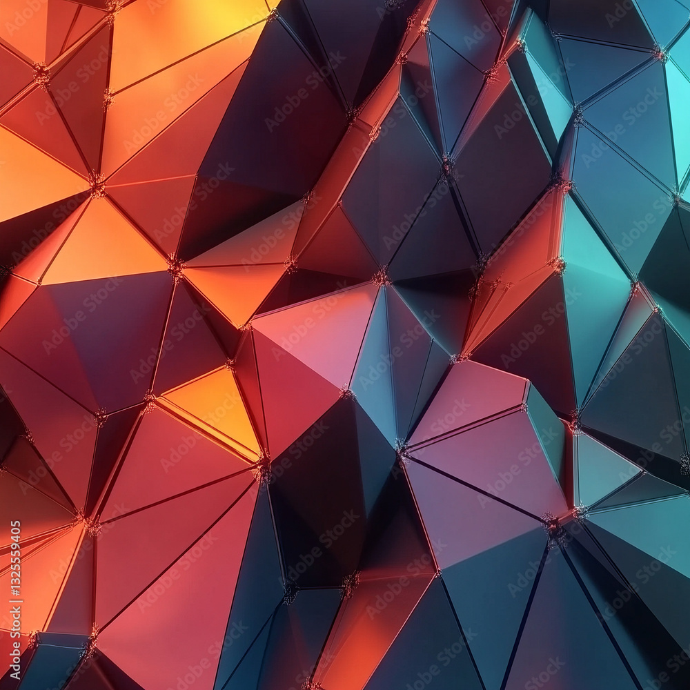 Poster complex three-dimensional polygonal structure with teal and orange gradient