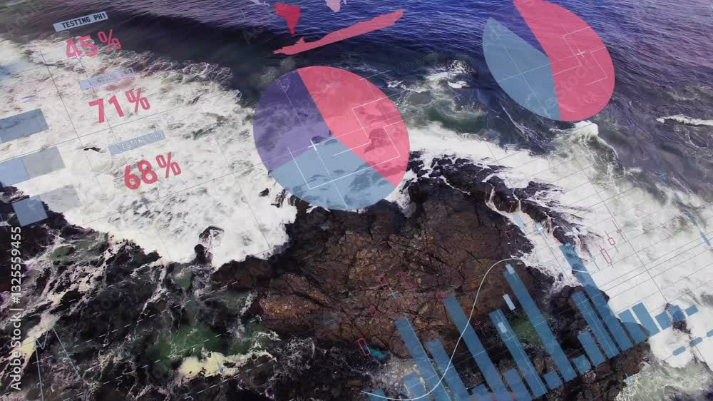 Aufkleber ocean waves crashing on rocky shore with data visualization animation overlay