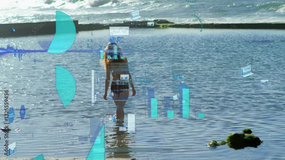 Poster person walking in water with data visualization animation over ocean scene