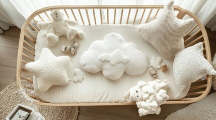 Adorable baby crib featuring soft plush toys and pillows