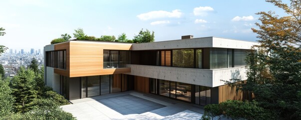 Modern, two-story home with a courtyard pool and city views