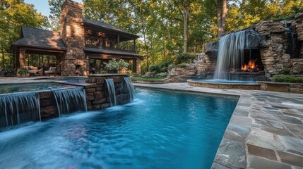 Luxurious outdoor oasis with a swimming pool, waterfalls, and a fireplace