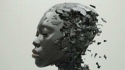 Abstract Human Head with Fragmented Features and Dark Textures