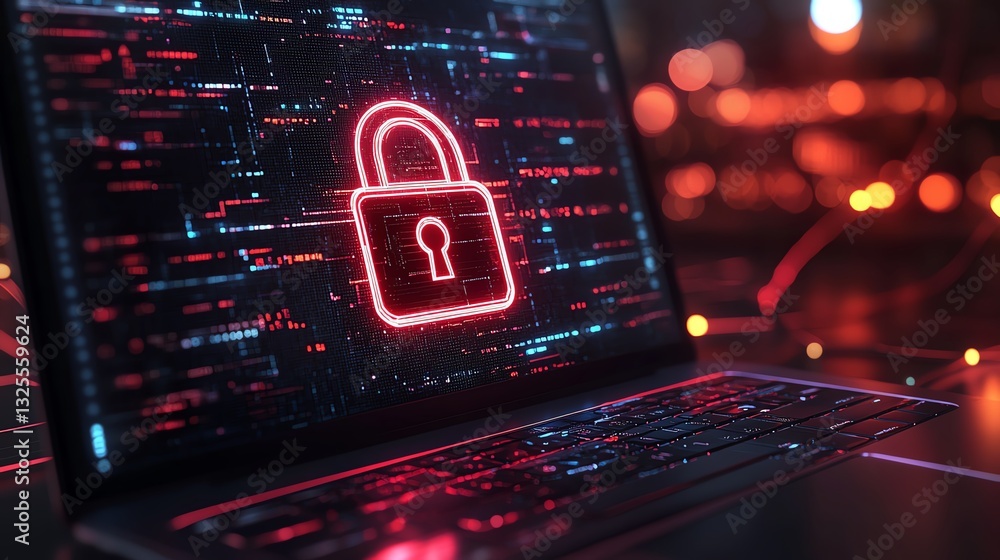 Poster digital padlock hologram on laptop screen with glowing network connections in the background