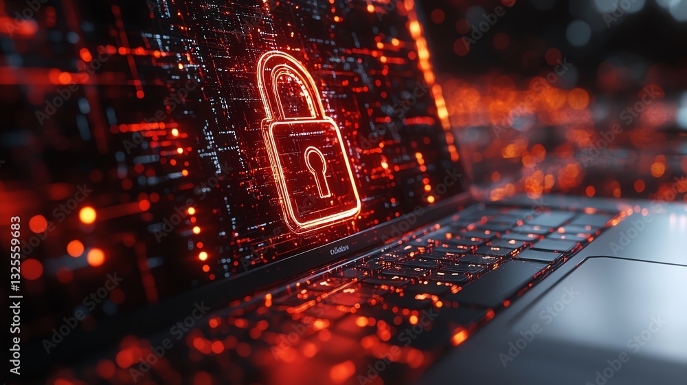 Poster digital padlock hologram on laptop screen with glowing network connections in the background