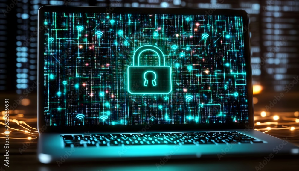 Poster digital padlock hologram on laptop screen with glowing network connections in the background