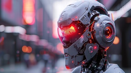 Futuristic Robot Head with Neon Lights and Urban Background